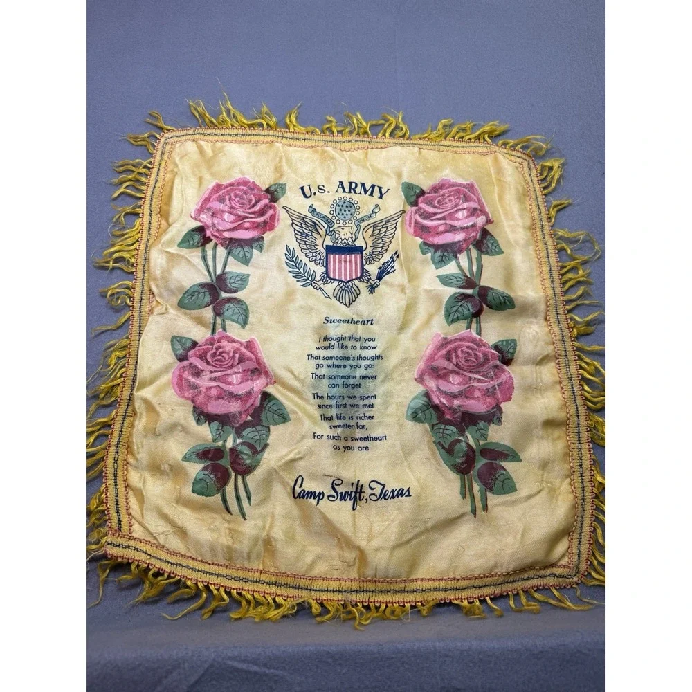 VTG US Army Sweetheart Rose Fringed Satin Pillowcase Cover Fort Swift Texas